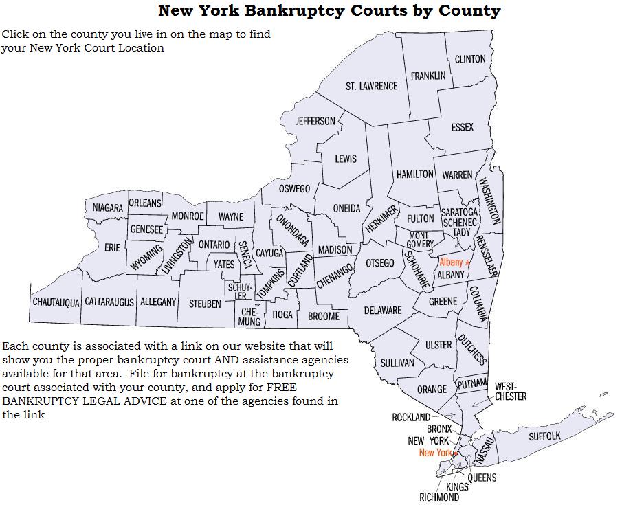 Find out which New York bankruptcy court is assigned to which County with EZBankruptcyForms.com.